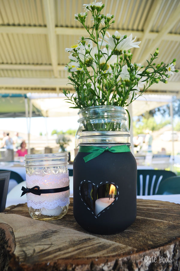 mason jars and tree slice centerpiece