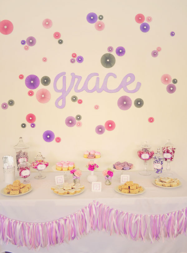 dessert table pretty pink and purple baby shower